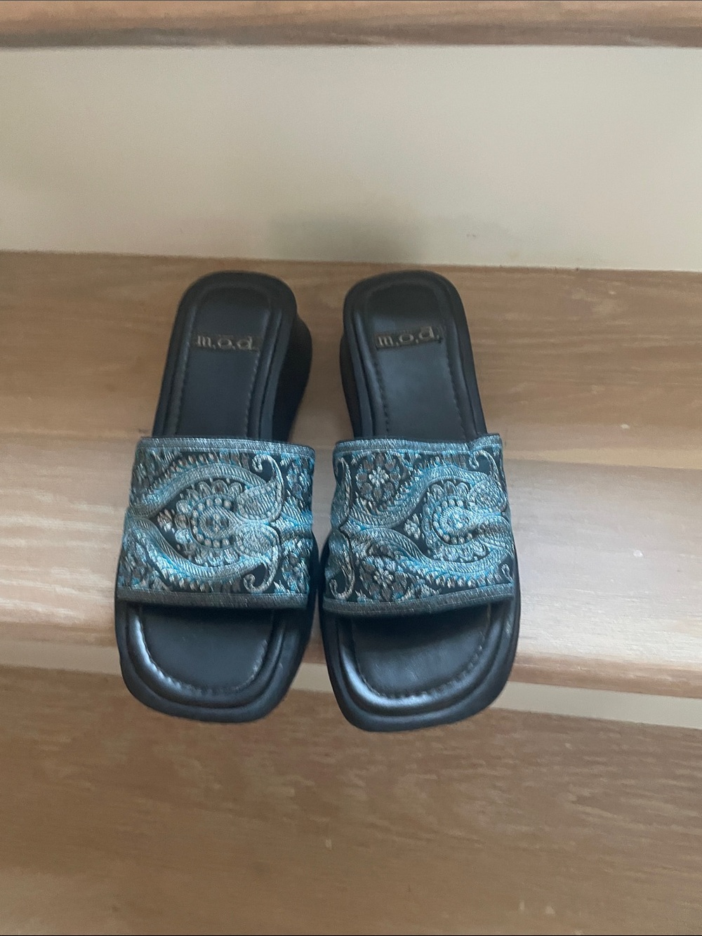 Women's Embroidered Slide Sandals in Teal-Black